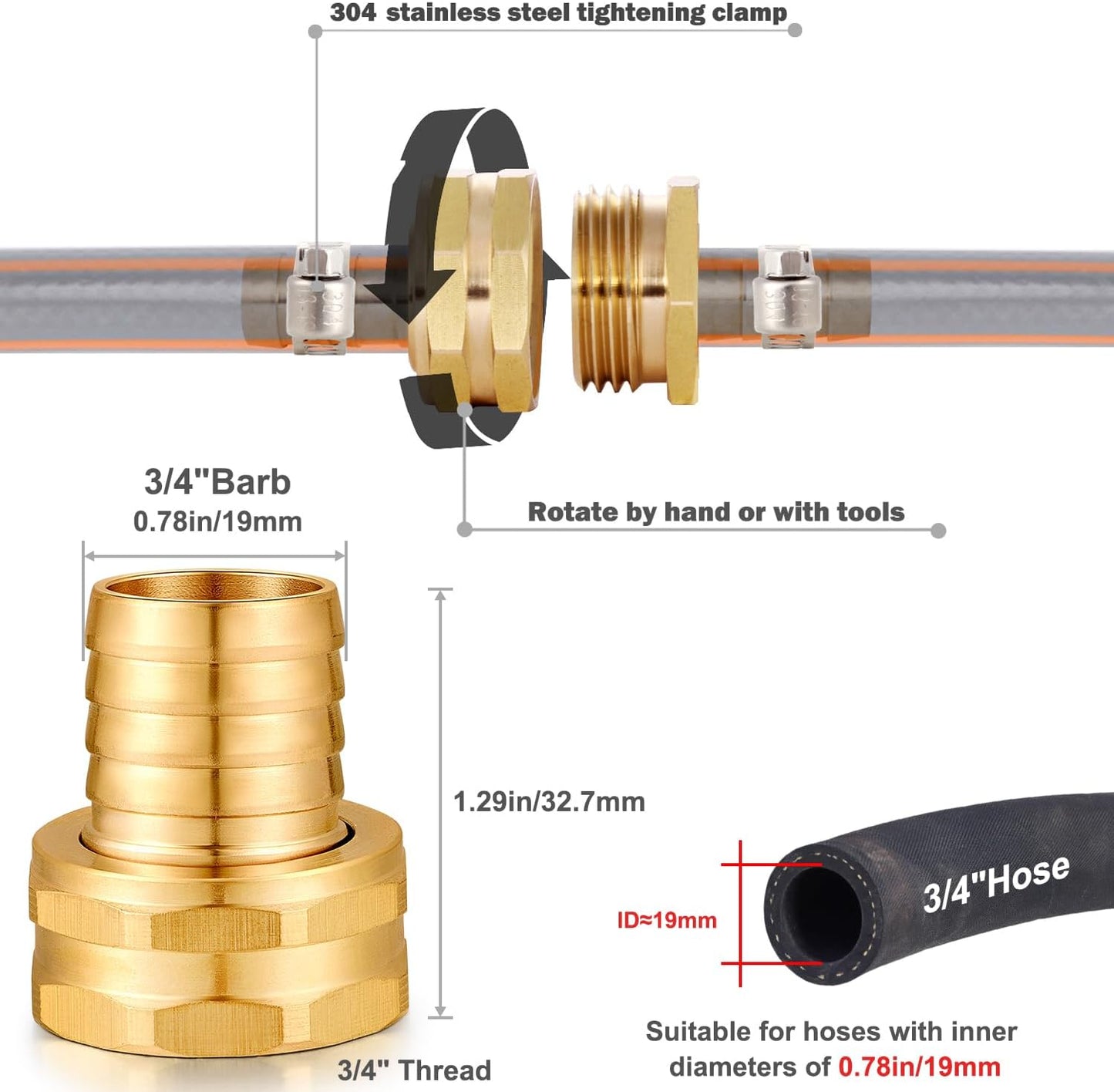 Solid Brass Garden Hose Repair kit Connector with Stainless Steel Clamps, Male Adapter/Female Garden Hose Swivel Fitting… (5/8" Barb x 3/4" Male-2 Sets)
