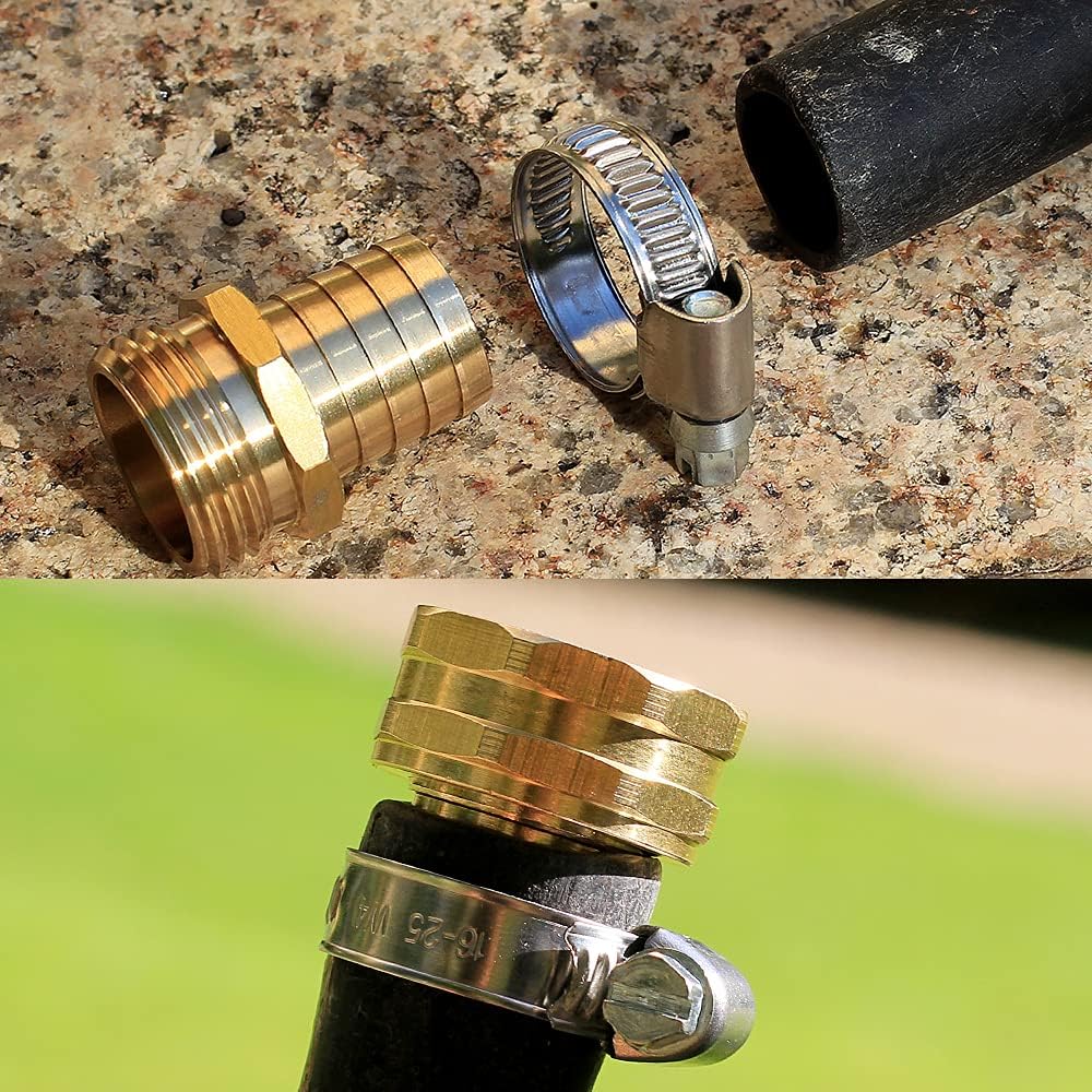 Solid Brass Garden Hose Repair kit Connector with Stainless Steel Clamps, Male Adapter/Female Garden Hose Swivel Fitting… (5/8" Barb x 3/4" Male-2 Sets)