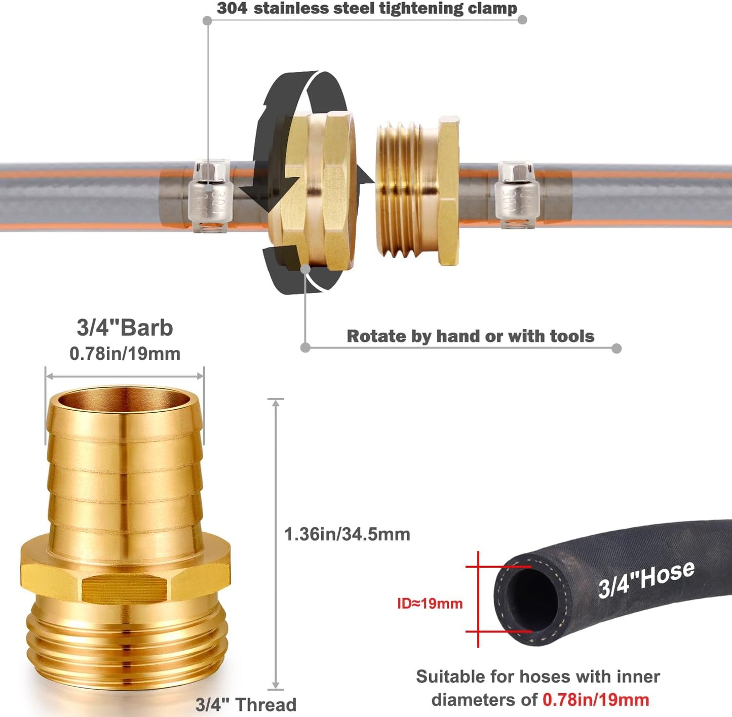 Solid Brass Garden Hose Repair kit Connector with Stainless Steel Clamps, Male Adapter/Female Garden Hose Swivel Fitting… (5/8" Barb x 3/4" Male-2 Sets)