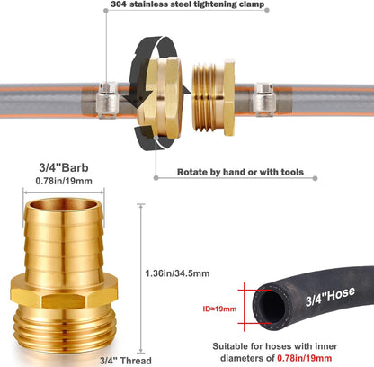Solid Brass Garden Hose Repair kit Connector with Stainless Steel Clamps, Male Adapter/Female Garden Hose Swivel Fitting… (5/8" Barb x 3/4" Male-2 Sets)