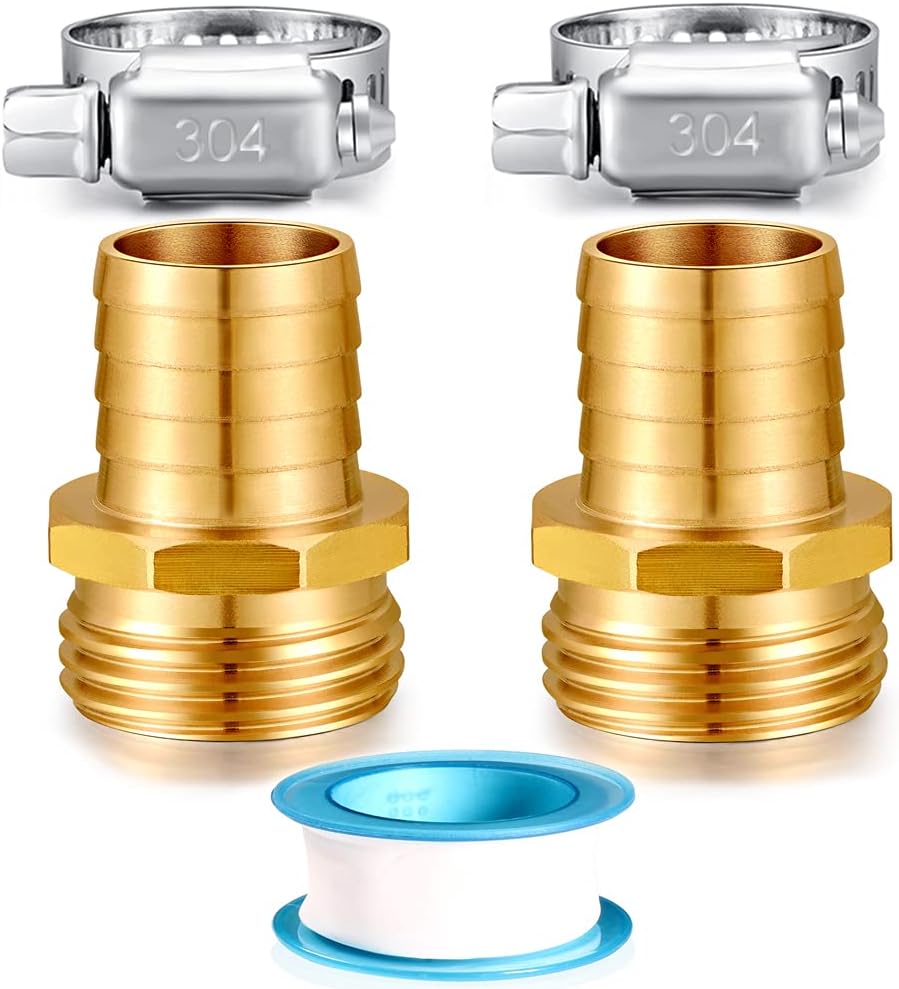 Solid Brass Garden Hose Repair kit Connector with Stainless Steel Clamps, Male Adapter/Female Garden Hose Swivel Fitting… (5/8" Barb x 3/4" Male-2 Sets)