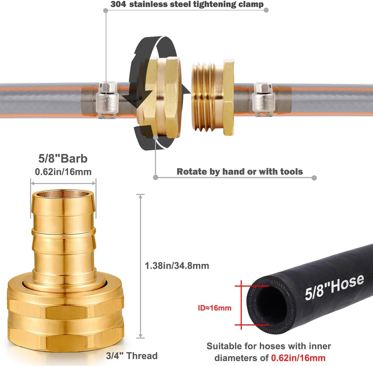 Solid Brass Garden Hose Repair kit Connector with Stainless Steel Clamps, Male Adapter/Female Garden Hose Swivel Fitting… (5/8" Barb x 3/4" Male-2 Sets)