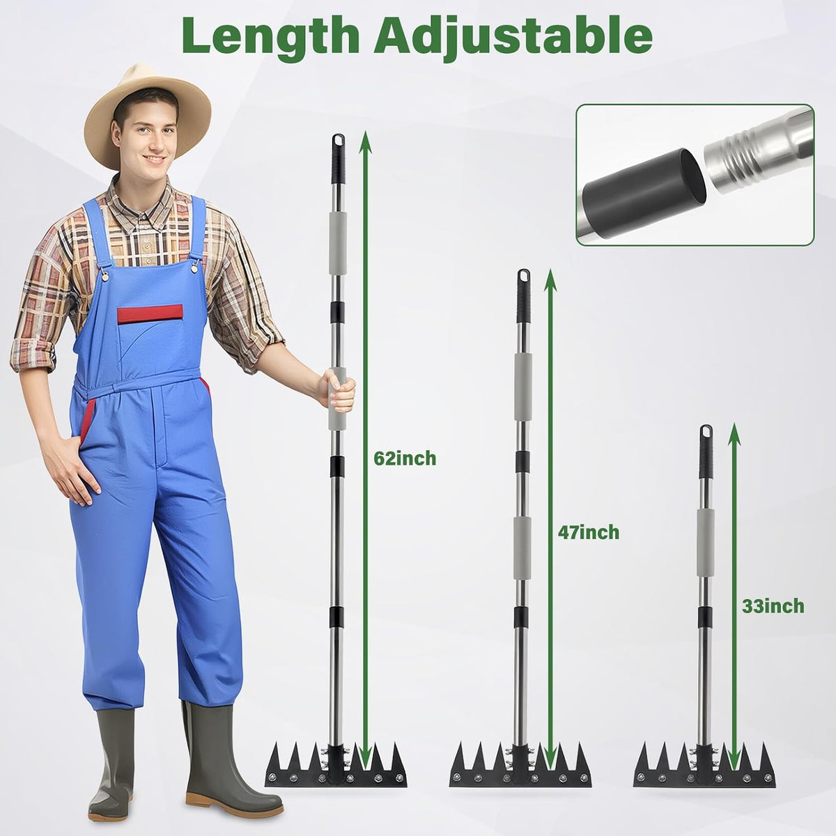 Weeding Rake Tool, Garden Weed Puller with Detachable Long Handle, 62 Inch Heavy Duty Hand Weed Remover Tool for Lawn, Yard, Atio and Backyard (7 Tines)