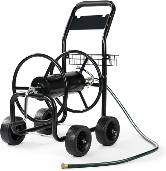 4-Wheel Garden Hose Reel Cart with Storage Basket, Portable Residential Hose Reel Cart, Lawn Watering, for Garden Backyard and Farm