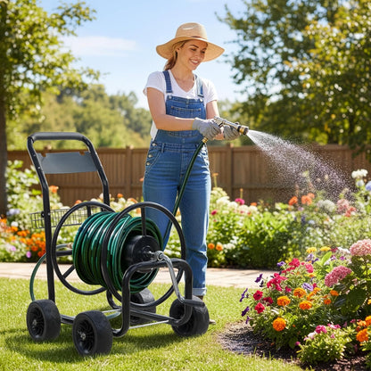 4-Wheel Garden Hose Reel Cart with Storage Basket, Portable Residential Hose Reel Cart, Lawn Watering, for Garden Backyard and Farm