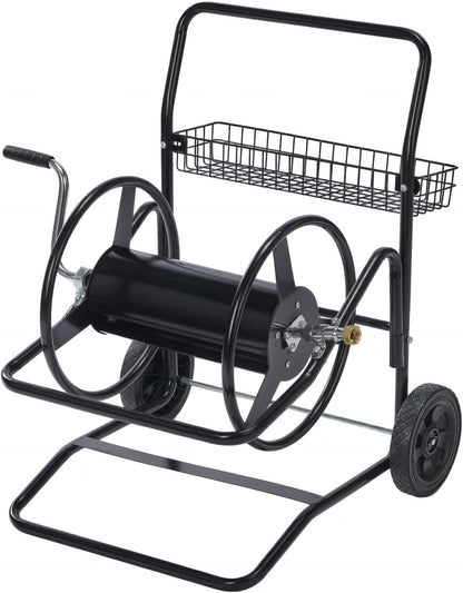 4-Wheel Garden Hose Reel Cart with Storage Basket, Portable Residential Hose Reel Cart, Lawn Watering, for Garden Backyard and Farm
