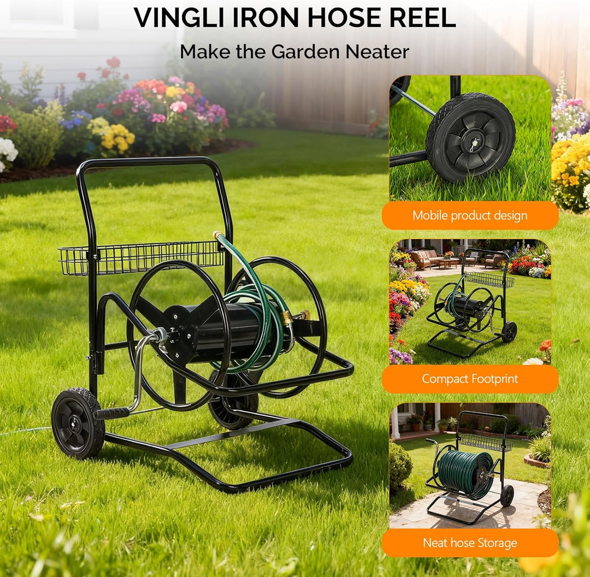 4-Wheel Garden Hose Reel Cart with Storage Basket, Portable Residential Hose Reel Cart, Lawn Watering, for Garden Backyard and Farm