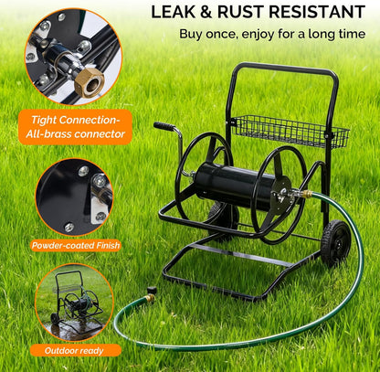 4-Wheel Garden Hose Reel Cart with Storage Basket, Portable Residential Hose Reel Cart, Lawn Watering, for Garden Backyard and Farm