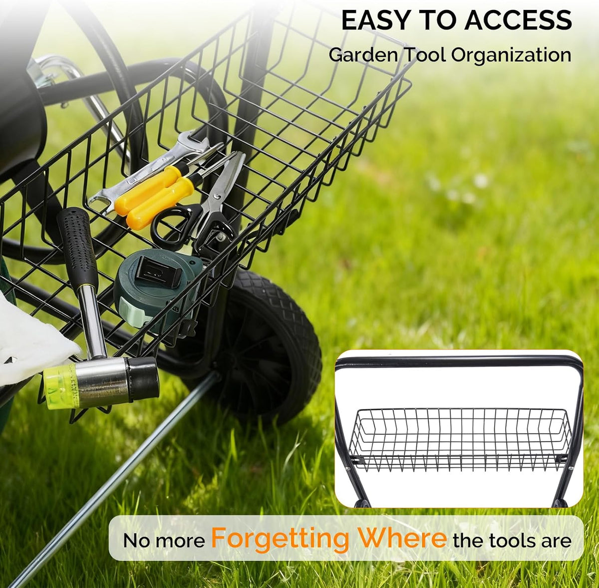 4-Wheel Garden Hose Reel Cart with Storage Basket, Portable Residential Hose Reel Cart, Lawn Watering, for Garden Backyard and Farm