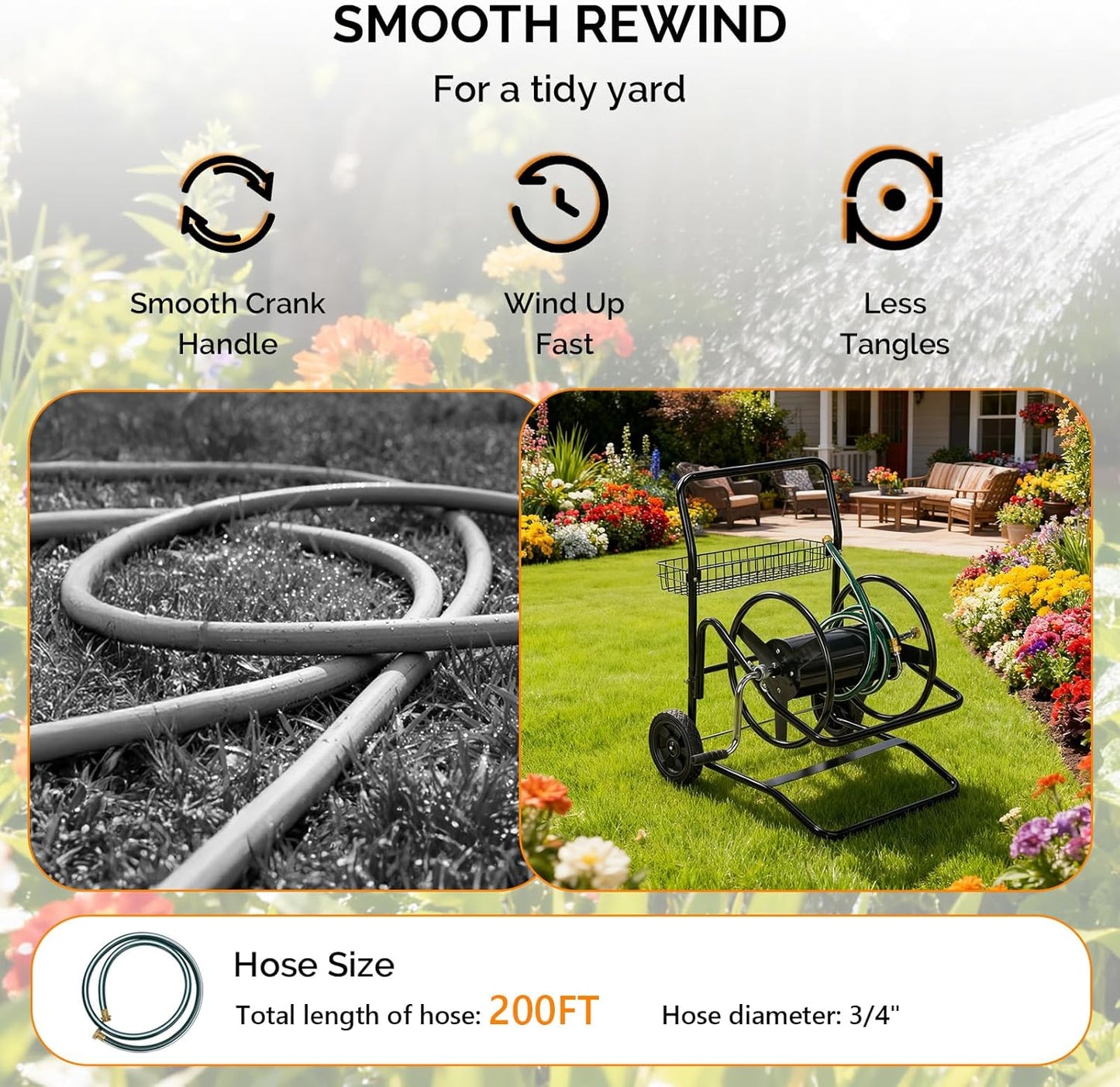 4-Wheel Garden Hose Reel Cart with Storage Basket, Portable Residential Hose Reel Cart, Lawn Watering, for Garden Backyard and Farm