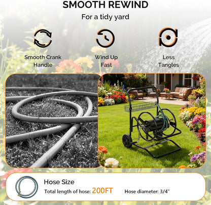 4-Wheel Garden Hose Reel Cart with Storage Basket, Portable Residential Hose Reel Cart, Lawn Watering, for Garden Backyard and Farm