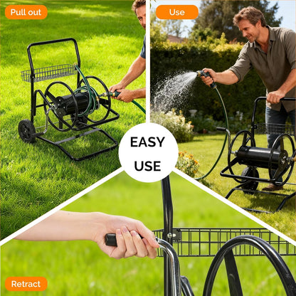 4-Wheel Garden Hose Reel Cart with Storage Basket, Portable Residential Hose Reel Cart, Lawn Watering, for Garden Backyard and Farm