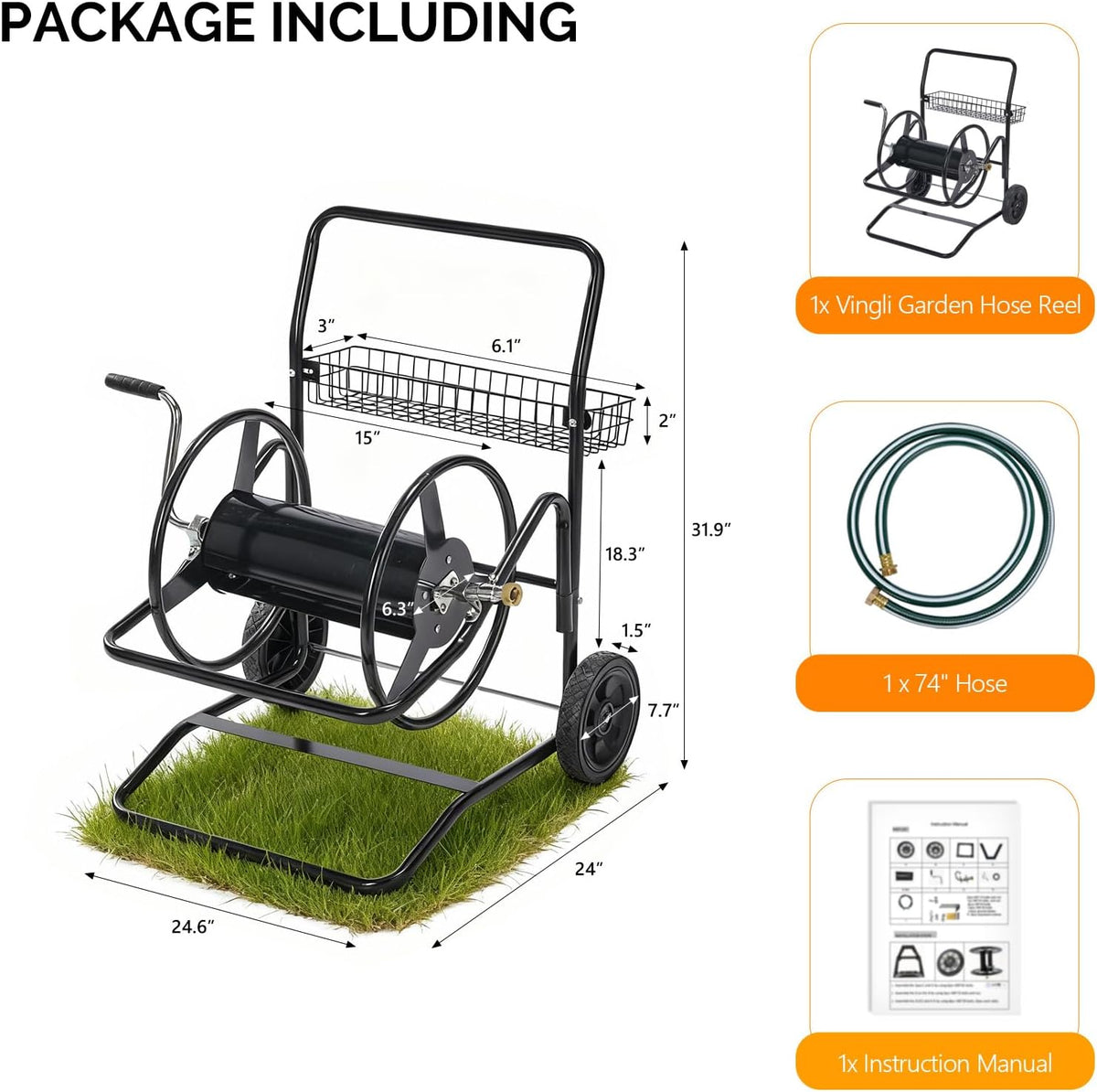 4-Wheel Garden Hose Reel Cart with Storage Basket, Portable Residential Hose Reel Cart, Lawn Watering, for Garden Backyard and Farm
