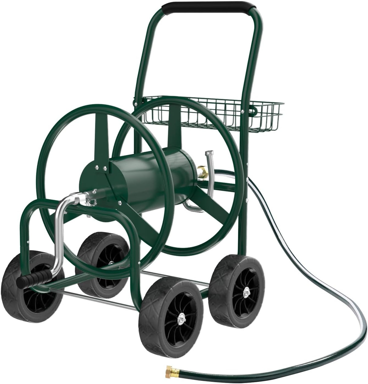 4-Wheel Garden Hose Reel Cart with Storage Basket, Portable Residential Hose Reel Cart, Lawn Watering, for Garden Backyard and Farm