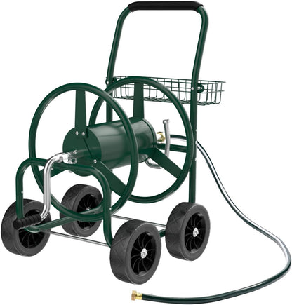 4-Wheel Garden Hose Reel Cart with Storage Basket, Portable Residential Hose Reel Cart, Lawn Watering, for Garden Backyard and Farm