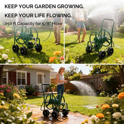 4-Wheel Garden Hose Reel Cart with Storage Basket, Portable Residential Hose Reel Cart, Lawn Watering, for Garden Backyard and Farm