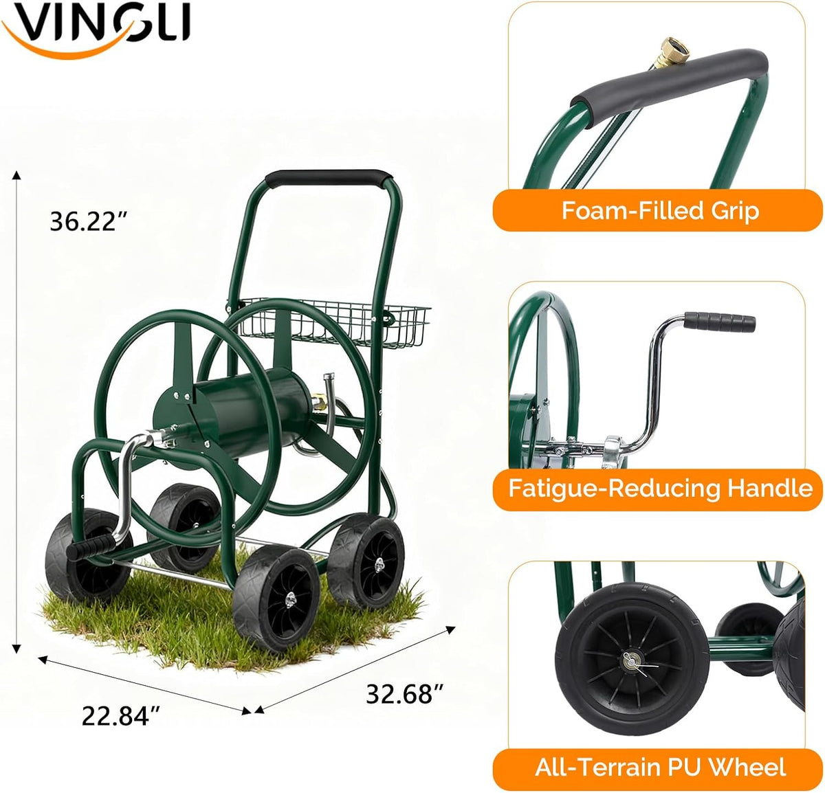 4-Wheel Garden Hose Reel Cart with Storage Basket, Portable Residential Hose Reel Cart, Lawn Watering, for Garden Backyard and Farm