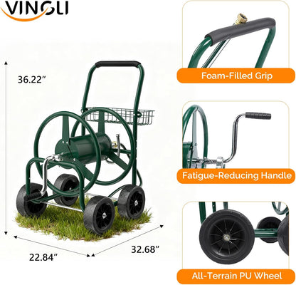 4-Wheel Garden Hose Reel Cart with Storage Basket, Portable Residential Hose Reel Cart, Lawn Watering, for Garden Backyard and Farm