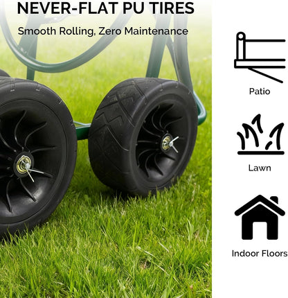 4-Wheel Garden Hose Reel Cart with Storage Basket, Portable Residential Hose Reel Cart, Lawn Watering, for Garden Backyard and Farm