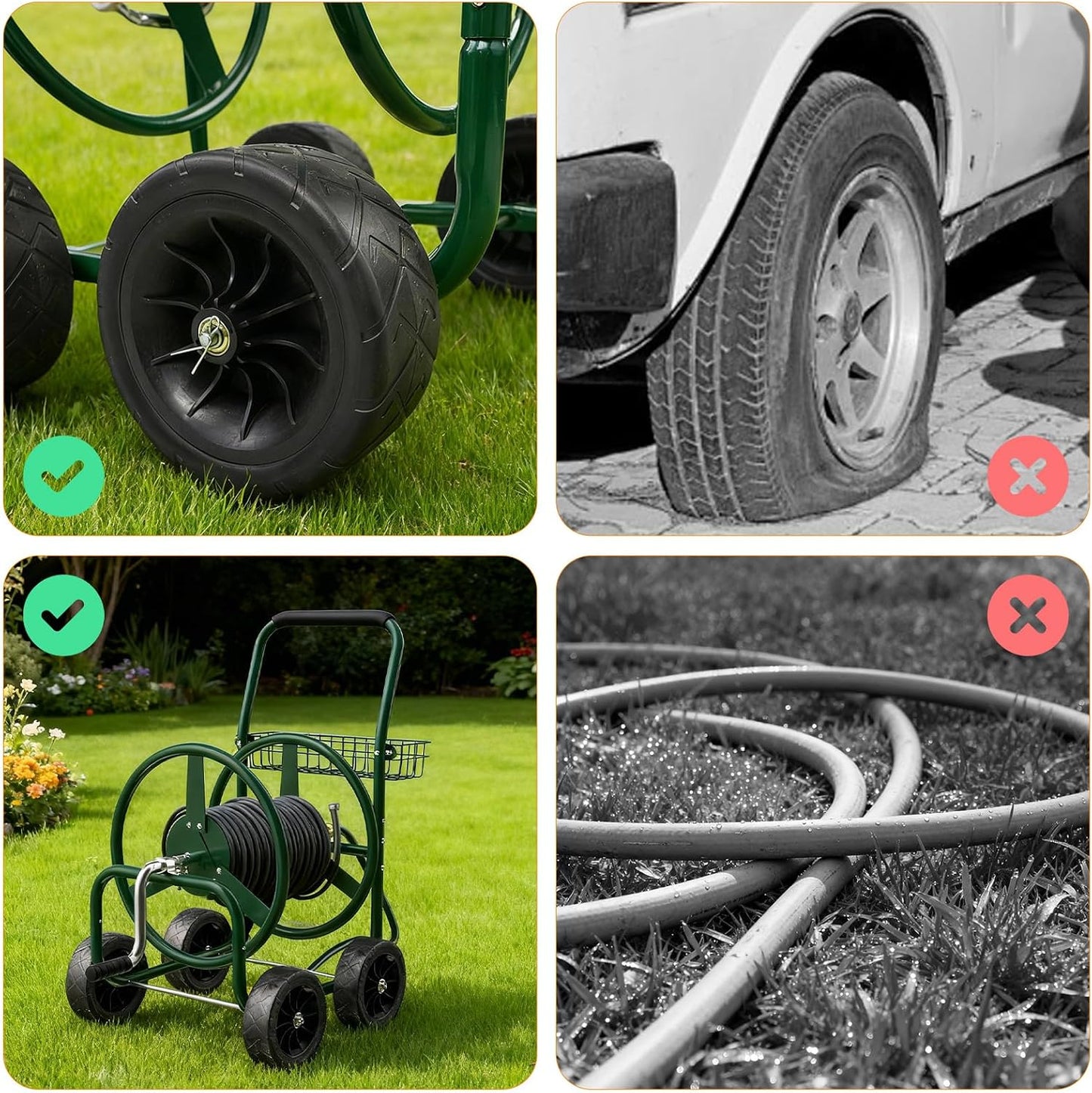 4-Wheel Garden Hose Reel Cart with Storage Basket, Portable Residential Hose Reel Cart, Lawn Watering, for Garden Backyard and Farm