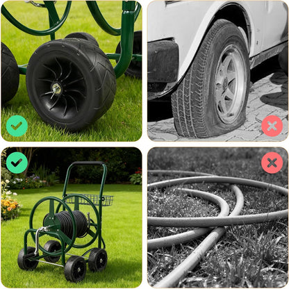 4-Wheel Garden Hose Reel Cart with Storage Basket, Portable Residential Hose Reel Cart, Lawn Watering, for Garden Backyard and Farm