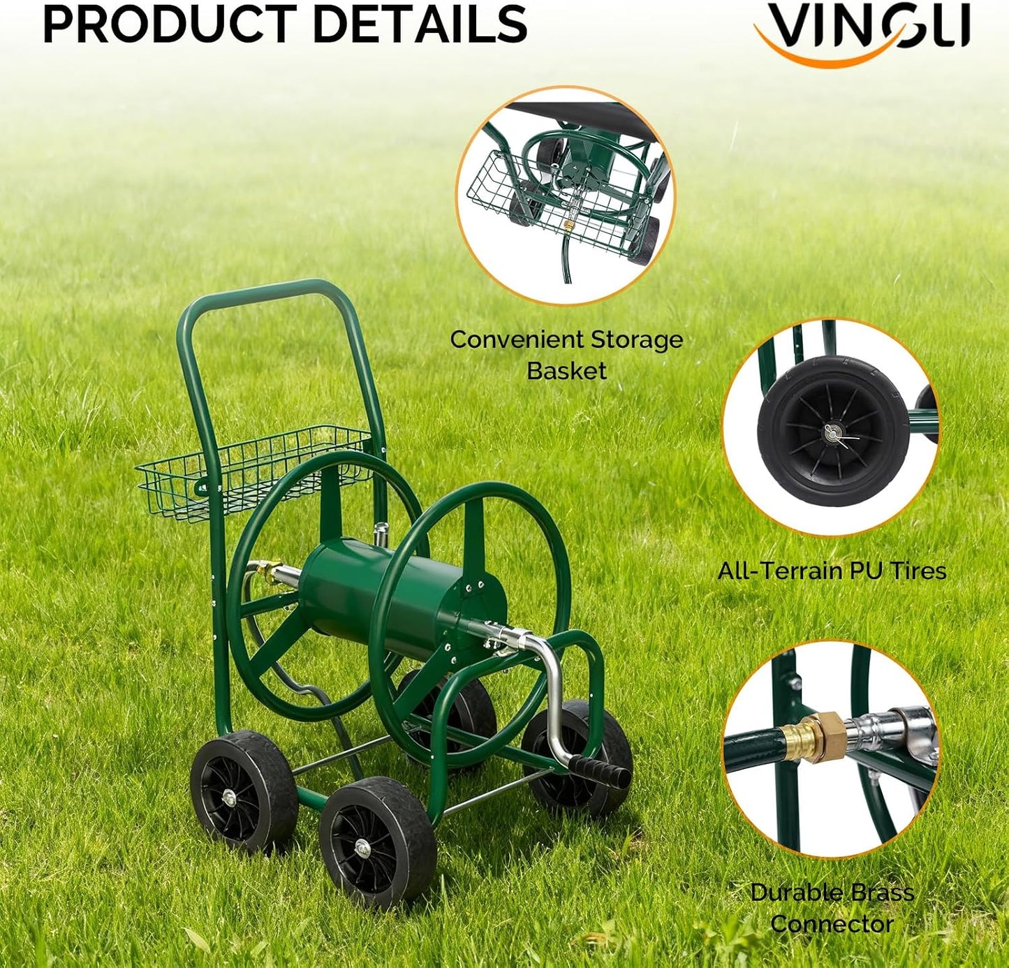 4-Wheel Garden Hose Reel Cart with Storage Basket, Portable Residential Hose Reel Cart, Lawn Watering, for Garden Backyard and Farm
