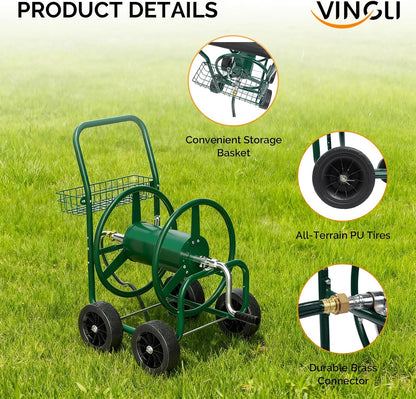 4-Wheel Garden Hose Reel Cart with Storage Basket, Portable Residential Hose Reel Cart, Lawn Watering, for Garden Backyard and Farm