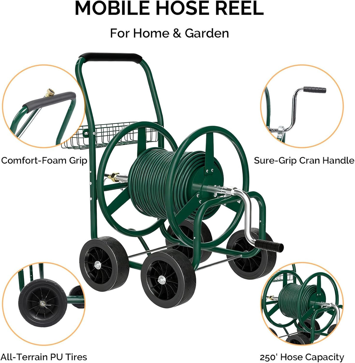 4-Wheel Garden Hose Reel Cart with Storage Basket, Portable Residential Hose Reel Cart, Lawn Watering, for Garden Backyard and Farm