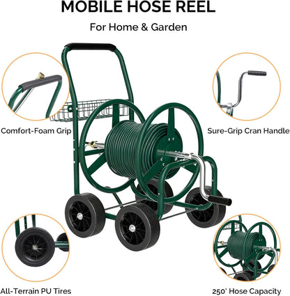 4-Wheel Garden Hose Reel Cart with Storage Basket, Portable Residential Hose Reel Cart, Lawn Watering, for Garden Backyard and Farm
