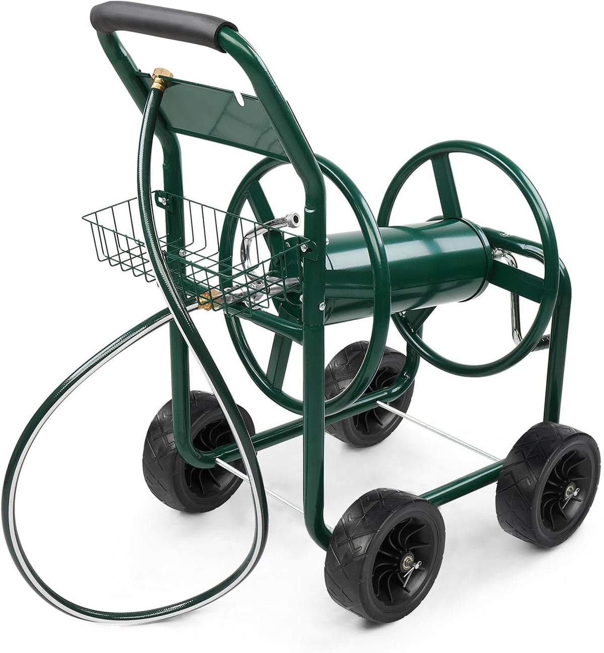 4-Wheel Garden Hose Reel Cart with Storage Basket, Portable Residential Hose Reel Cart, Lawn Watering, for Garden Backyard and Farm