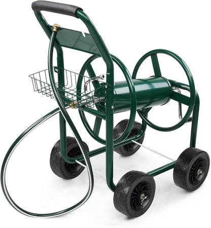 4-Wheel Garden Hose Reel Cart with Storage Basket, Portable Residential Hose Reel Cart, Lawn Watering, for Garden Backyard and Farm