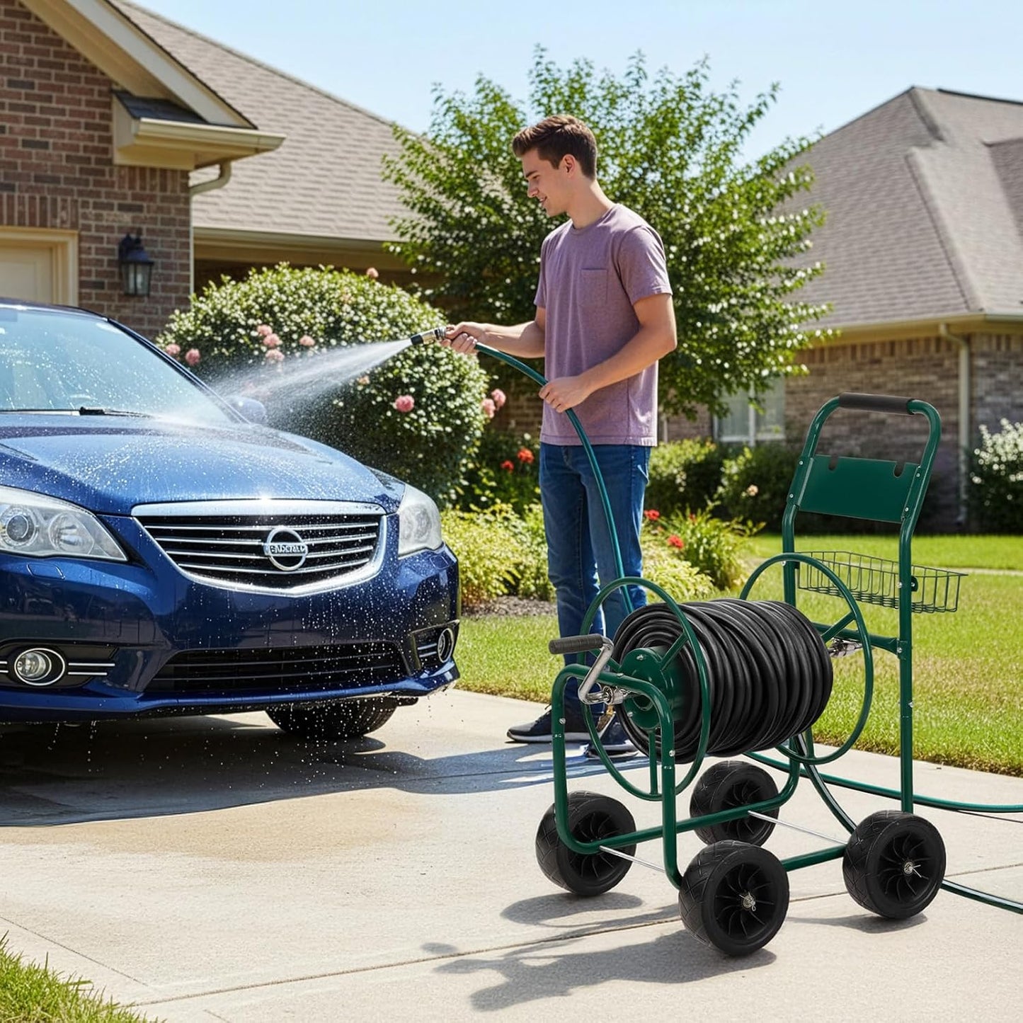 4-Wheel Garden Hose Reel Cart with Storage Basket, Portable Residential Hose Reel Cart, Lawn Watering, for Garden Backyard and Farm
