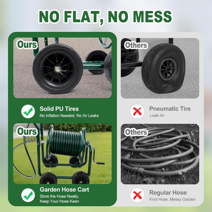 4-Wheel Garden Hose Reel Cart with Storage Basket, Portable Residential Hose Reel Cart, Lawn Watering, for Garden Backyard and Farm