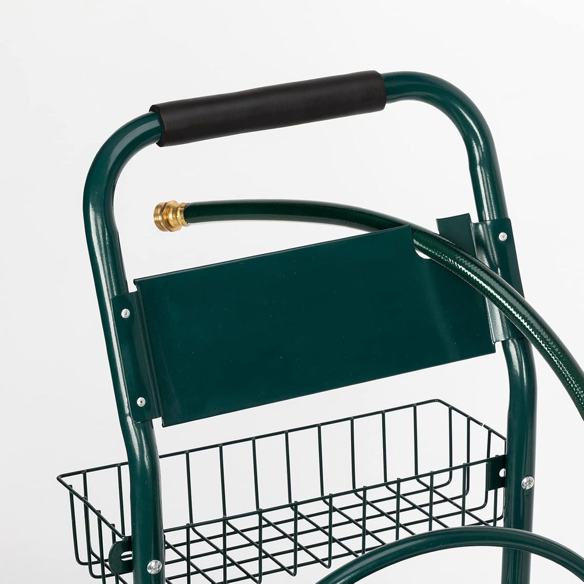 4-Wheel Garden Hose Reel Cart with Storage Basket, Portable Residential Hose Reel Cart, Lawn Watering, for Garden Backyard and Farm