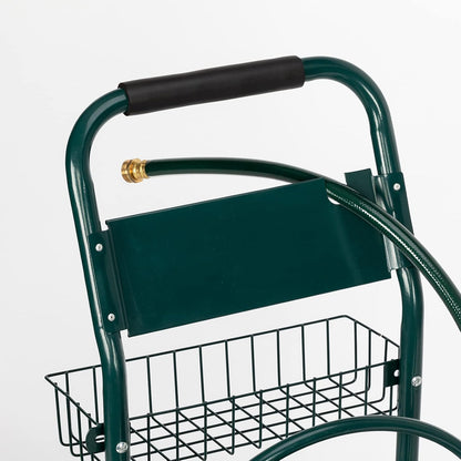 4-Wheel Garden Hose Reel Cart with Storage Basket, Portable Residential Hose Reel Cart, Lawn Watering, for Garden Backyard and Farm