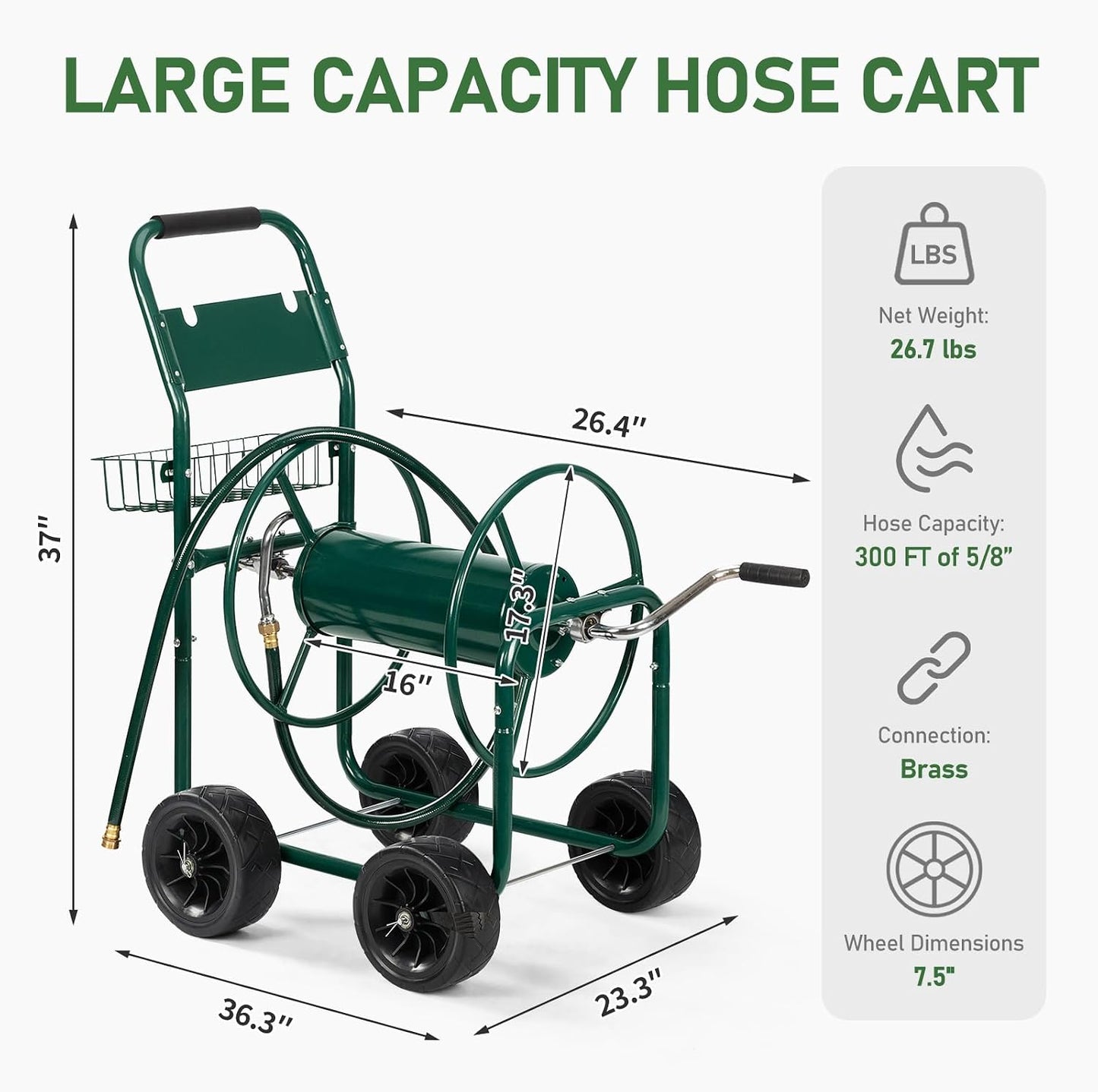 4-Wheel Garden Hose Reel Cart with Storage Basket, Portable Residential Hose Reel Cart, Lawn Watering, for Garden Backyard and Farm