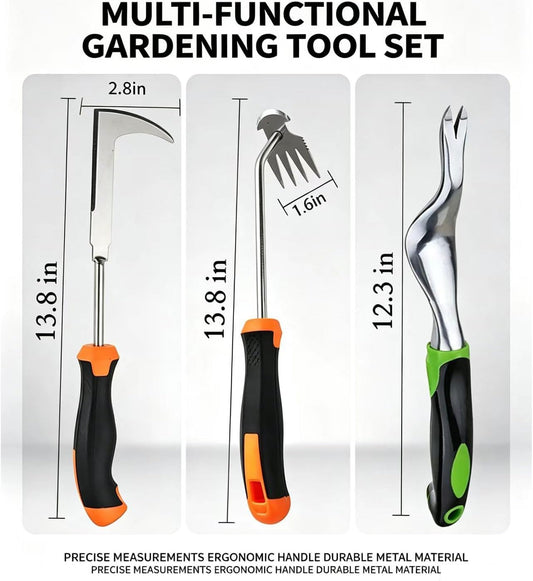 3-Piece Heavy Duty Weeding Tool Set - Stainless Steel Crevice Weeder, Root Remover & Weed Puller with Ergonomic Handles for Patio, Sidewalk and Garden Lawn Weed Removal