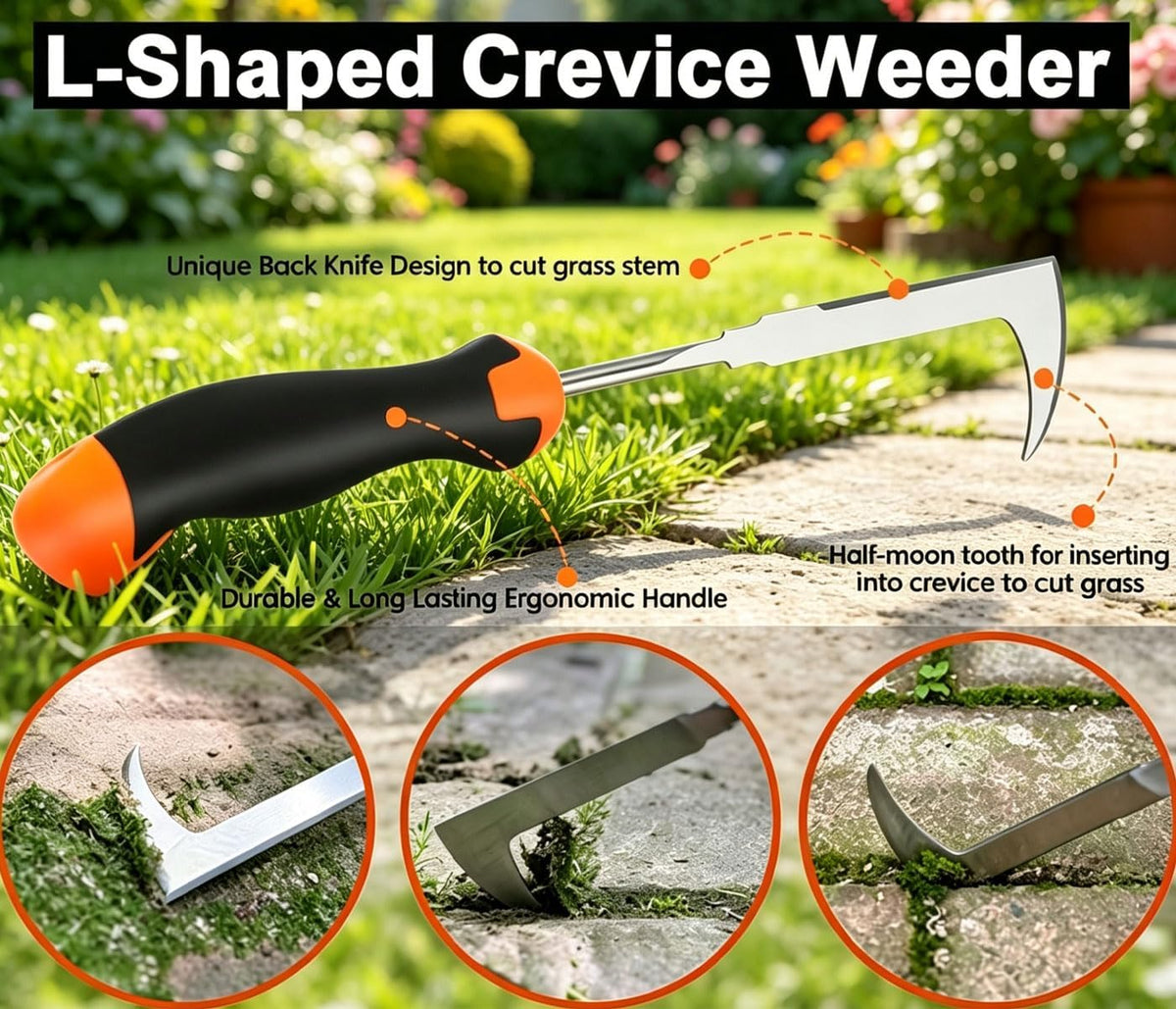 3-Piece Heavy Duty Weeding Tool Set - Stainless Steel Crevice Weeder, Root Remover & Weed Puller with Ergonomic Handles for Patio, Sidewalk and Garden Lawn Weed Removal