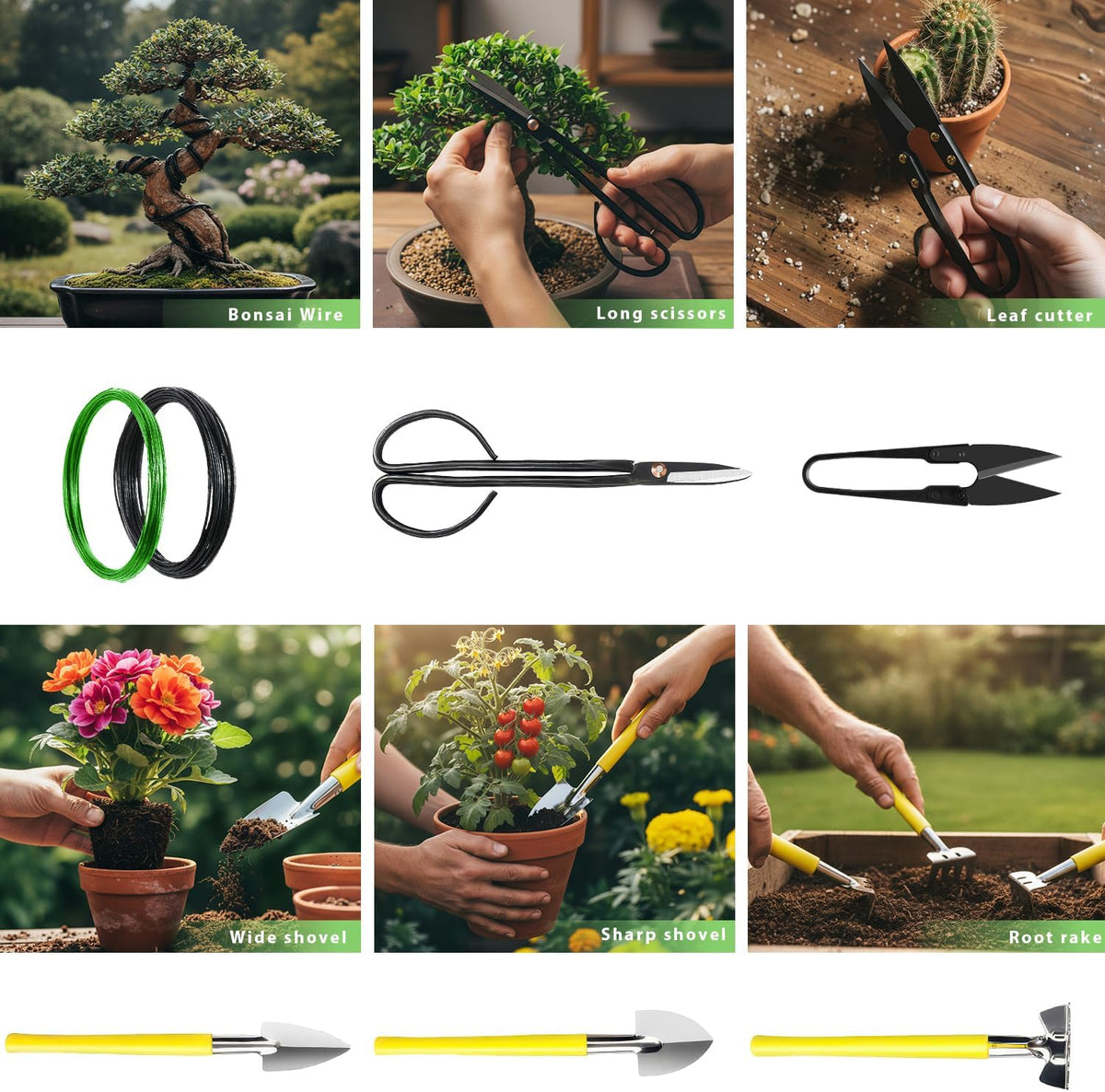 Bonsai Tools Set 7Pcs, Bonsai Tree Tools Kit Succulent Trimming Tools Include Scissors, Cutters, Rake, Round and Pointed Shovel &Training Wire for Bonsai Beginner Gardening Gifts