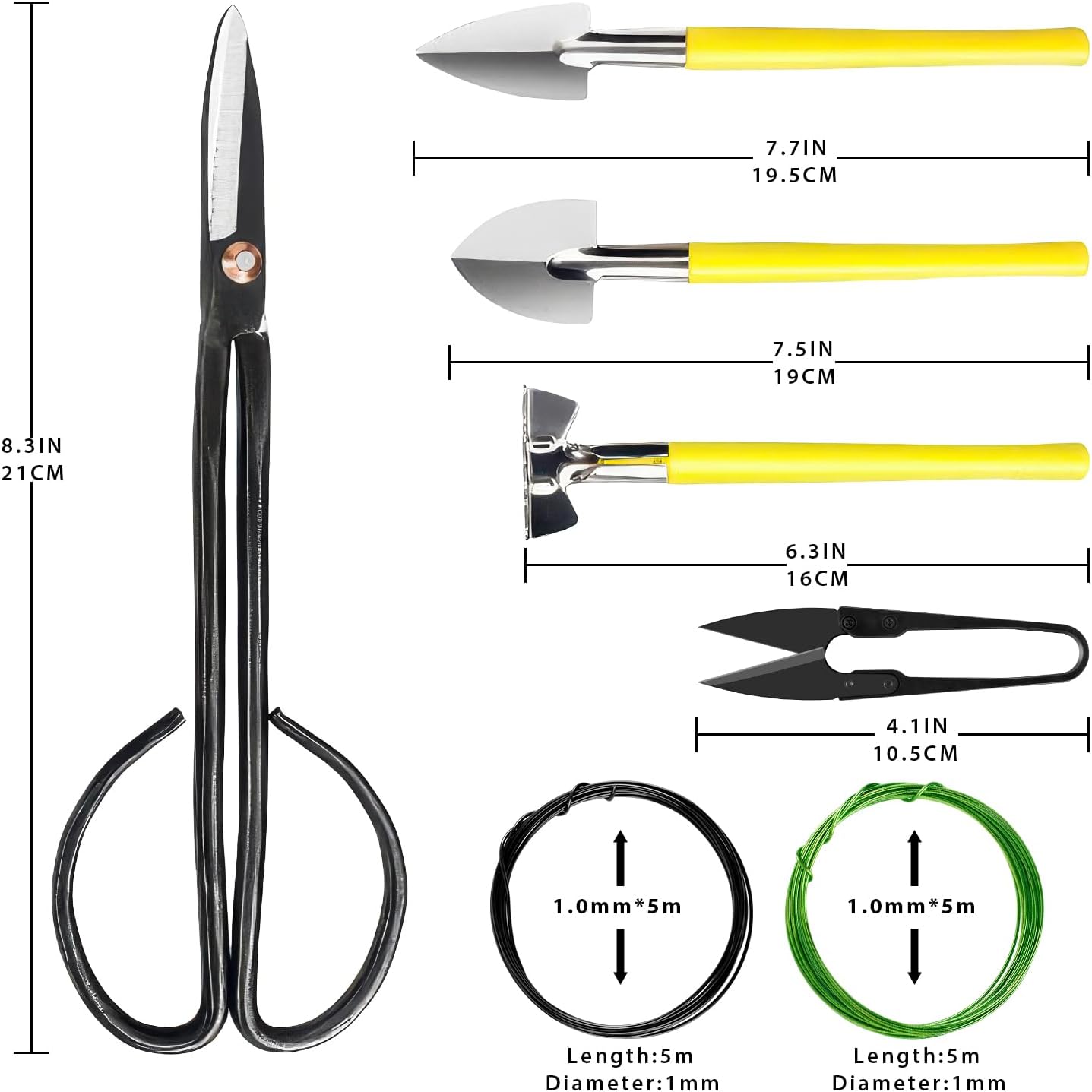 Bonsai Tools Set 7Pcs, Bonsai Tree Tools Kit Succulent Trimming Tools Include Scissors, Cutters, Rake, Round and Pointed Shovel &Training Wire for Bonsai Beginner Gardening Gifts