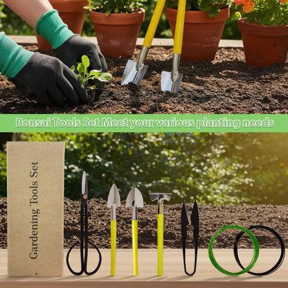 Bonsai Tools Set 7Pcs, Bonsai Tree Tools Kit Succulent Trimming Tools Include Scissors, Cutters, Rake, Round and Pointed Shovel &Training Wire for Bonsai Beginner Gardening Gifts