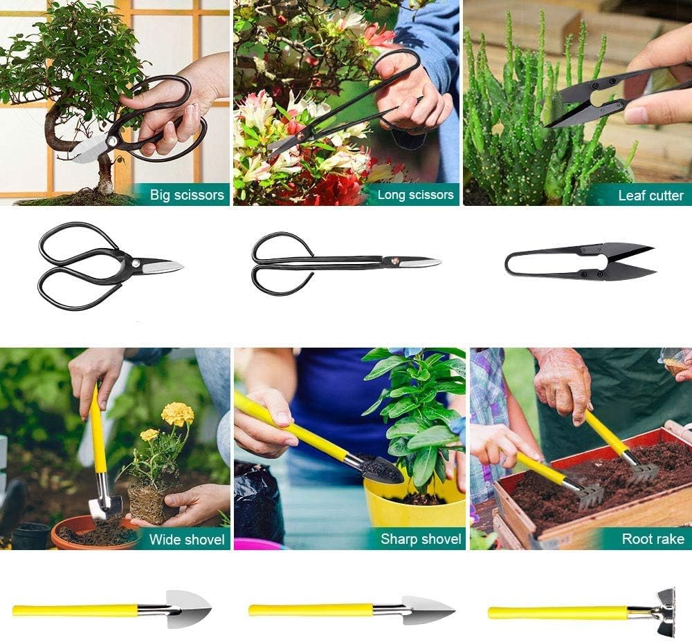 Bonsai Tools Set 7Pcs, Bonsai Tree Tools Kit Succulent Trimming Tools Include Scissors, Cutters, Rake, Round and Pointed Shovel &Training Wire for Bonsai Beginner Gardening Gifts