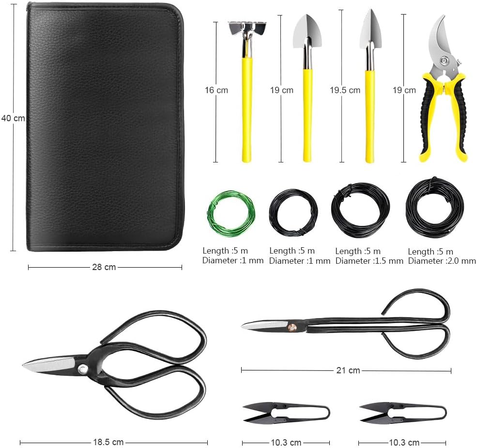 Bonsai Tools Set 7Pcs, Bonsai Tree Tools Kit Succulent Trimming Tools Include Scissors, Cutters, Rake, Round and Pointed Shovel &Training Wire for Bonsai Beginner Gardening Gifts