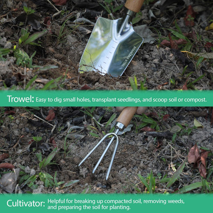 Garden Tool Set, 2Pcs Gardening Hand Tools, Stainless Steel Trowel and Cultivator with Handle, Outdoor Gardening Kit for Women Men