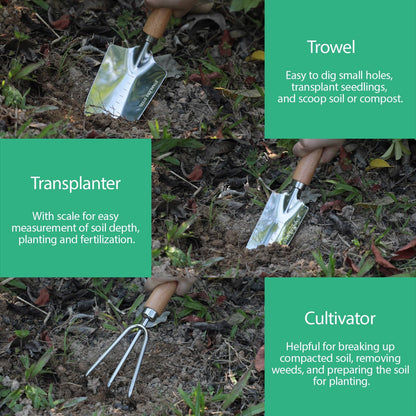 Garden Tool Set, 2Pcs Gardening Hand Tools, Stainless Steel Trowel and Cultivator with Handle, Outdoor Gardening Kit for Women Men