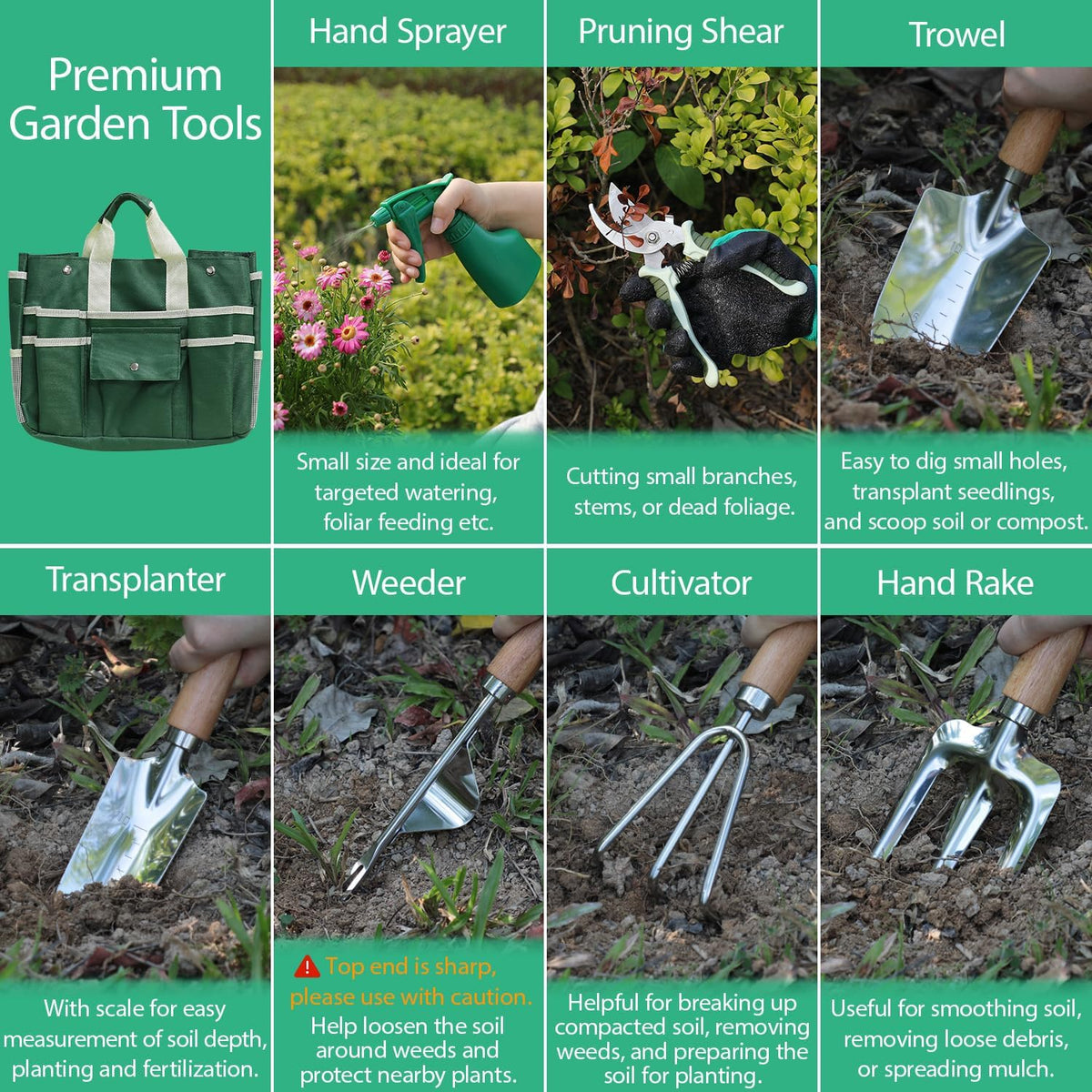 Garden Tool Set, 2Pcs Gardening Hand Tools, Stainless Steel Trowel and Cultivator with Handle, Outdoor Gardening Kit for Women Men