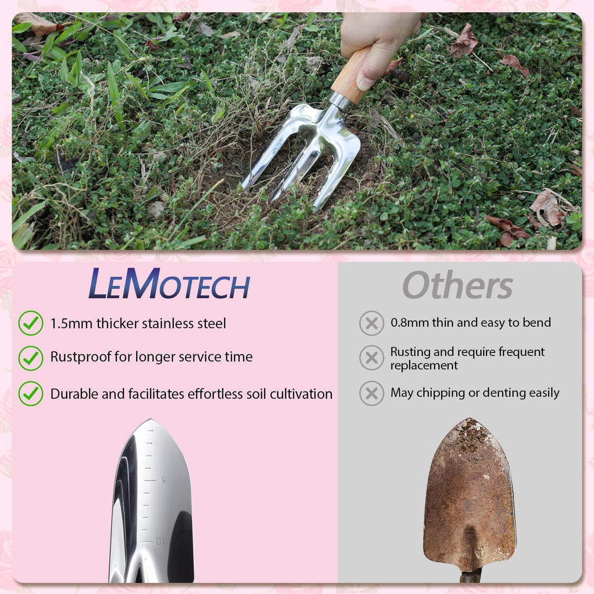 Garden Tool Set, 2Pcs Gardening Hand Tools, Stainless Steel Trowel and Cultivator with Handle, Outdoor Gardening Kit for Women Men