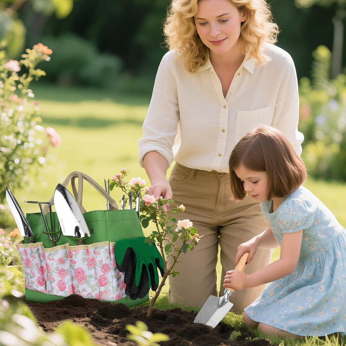 Garden Tool Set, 2Pcs Gardening Hand Tools, Stainless Steel Trowel and Cultivator with Handle, Outdoor Gardening Kit for Women Men
