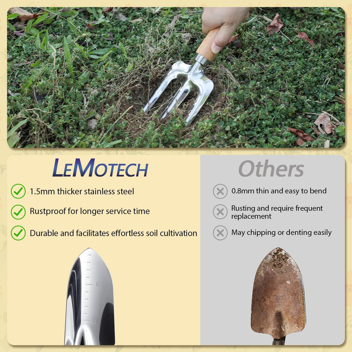 Garden Tool Set, 2Pcs Gardening Hand Tools, Stainless Steel Trowel and Cultivator with Handle, Outdoor Gardening Kit for Women Men