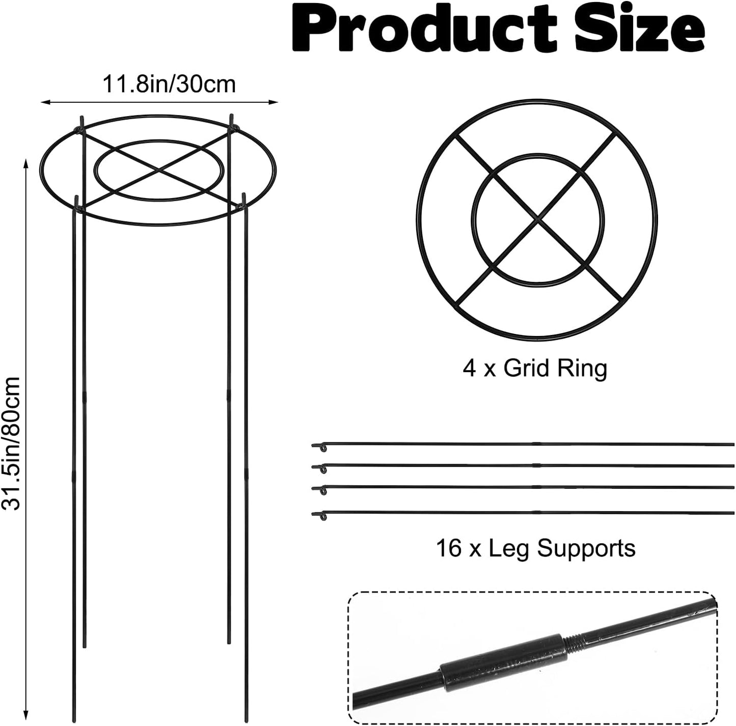 11.8" Dx31.5 H Peony Cages and Supports, 4 Pack Plant Supports for Outdoor Plants Grow Through Hoops Grids Heavy Duty Metal Peony Support Cage Flower Support Rings for Rose Tomato Hydrangea etc